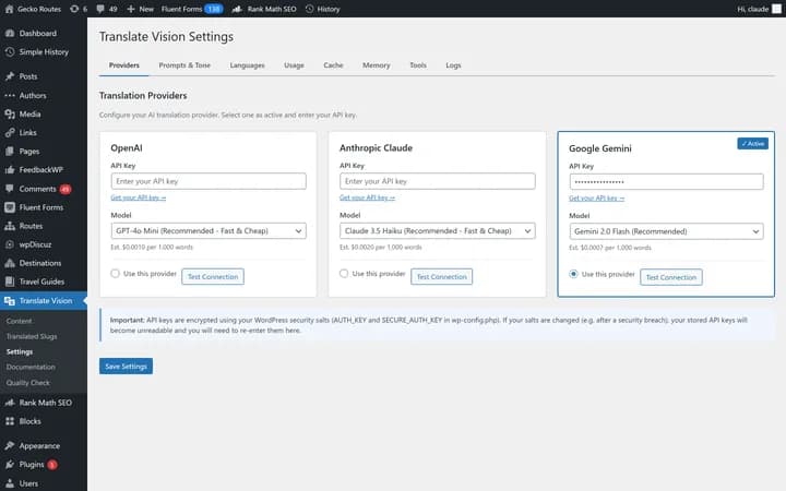 Translation provider configuration with OpenAI, Claude, and Gemini